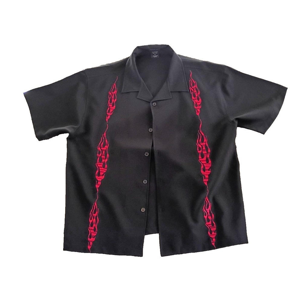 Vintage Y2K  MT:2 Bowling or Club Shirt Featuring Embroidered Flames Size XL